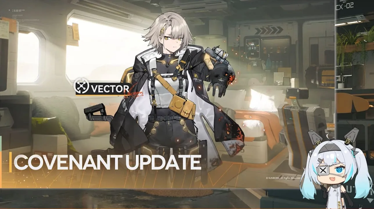 Vector’s Covenant screen featuring dynamic background and expressions.