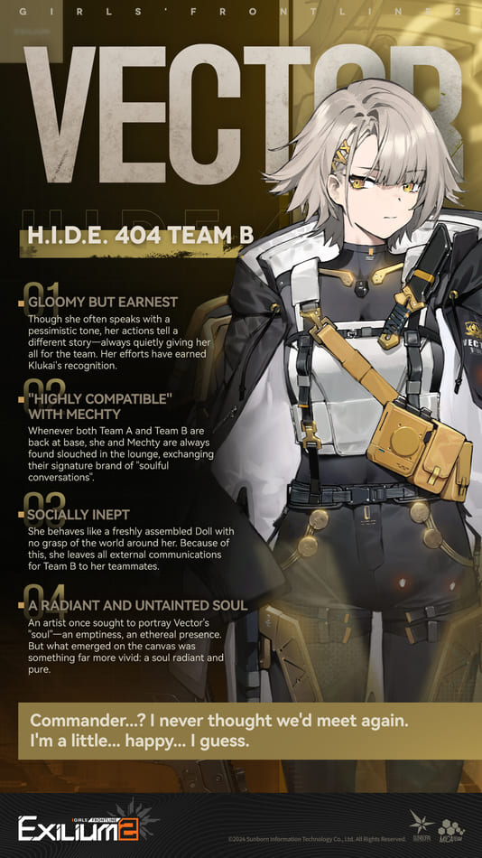Vector character card detailing her personality and role in H.I.D.E. 404 TEAM B.