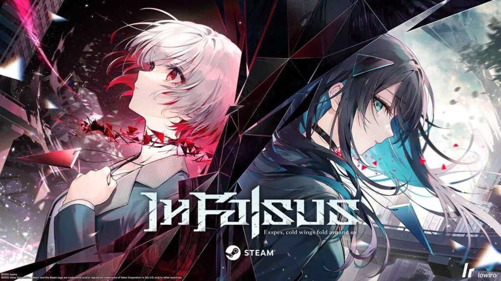 In Falsus cover art featuring two protagonists wearing emotion-revealing collars, set in a near-future world of rhythm and visual novel gameplay.