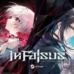 In Falsus cover art featuring two protagonists wearing emotion-revealing collars, set in a near-future world of rhythm and visual novel gameplay.
