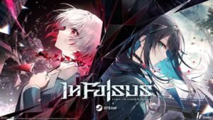 In Falsus cover art featuring two protagonists wearing emotion-revealing collars, set in a near-future world of rhythm and visual novel gameplay.