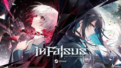 In Falsus cover art featuring two protagonists wearing emotion-revealing collars, set in a near-future world of rhythm and visual novel gameplay.