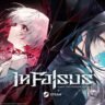 In Falsus cover art featuring two protagonists wearing emotion-revealing collars, set in a near-future world of rhythm and visual novel gameplay.
