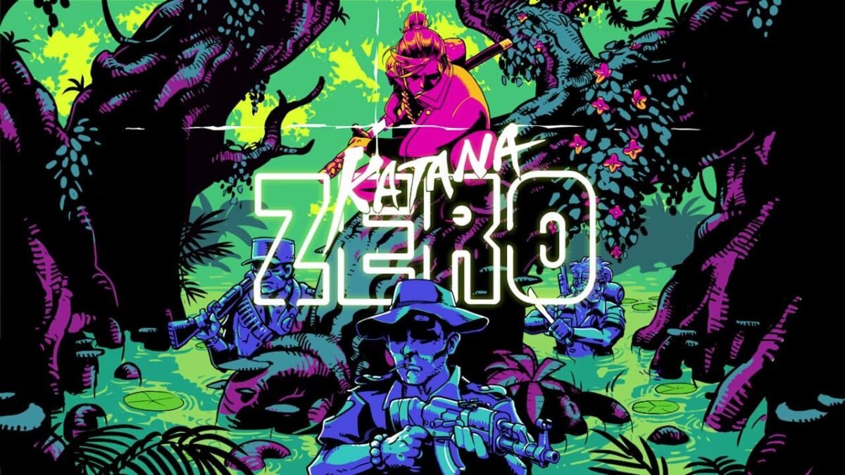 Katana ZERO key art showing the protagonist surrounded by enemies in a neon jungle setting.