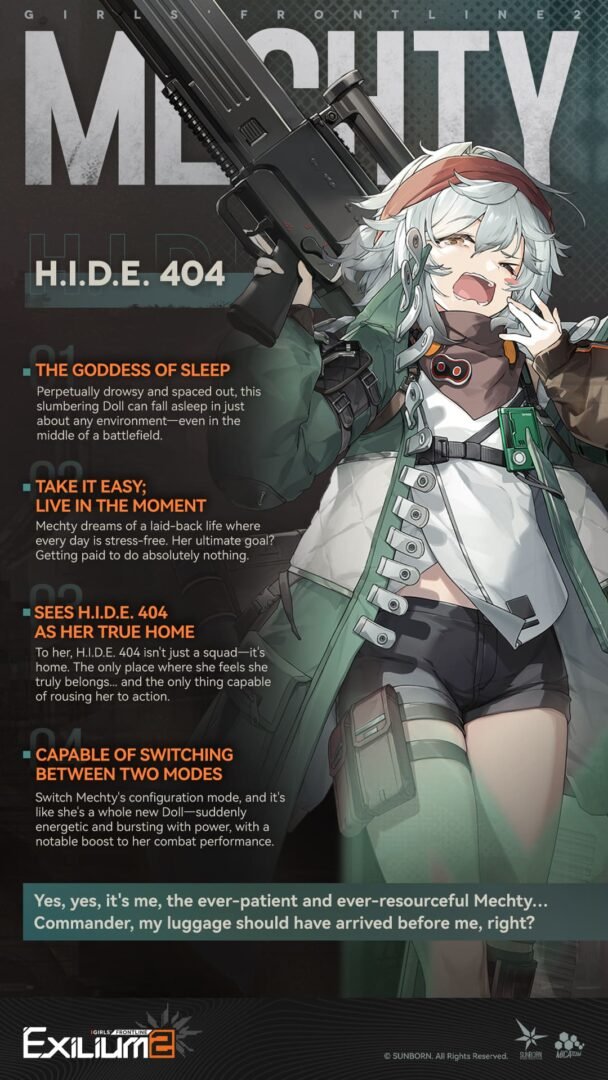 Personality profile for Mechty (G11) and her H.I.D.E. 404 squad affiliation from the Mechty GFL2 guide.
