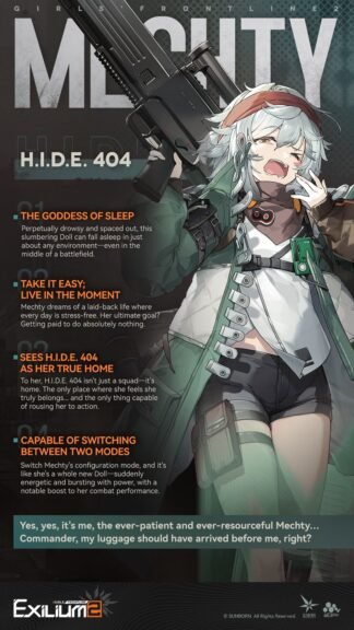 Mechty character profile artwork in Girls’ Frontline 2: Exilium, showing the drowsy Elite Support Doll from H.I.D.E. 404 with her weapon and personality traits.