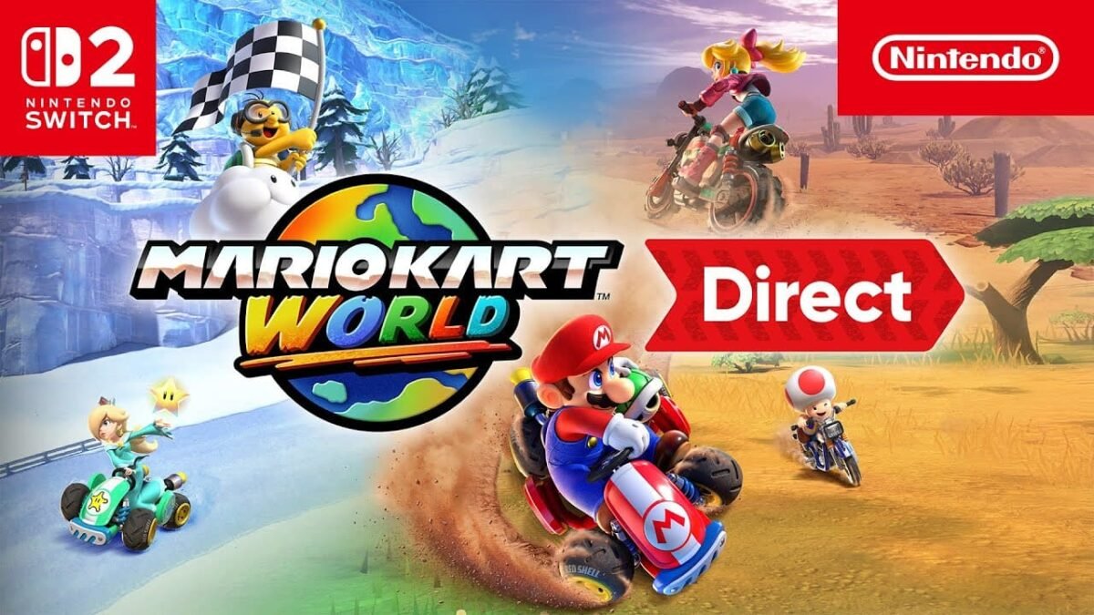 Mario Kart World Direct graphic featuring Mario racing on Nintendo Switch 2