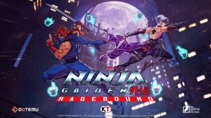 Ninja Gaiden Ragebound key art featuring two ninjas in mid-air combat under a full moon