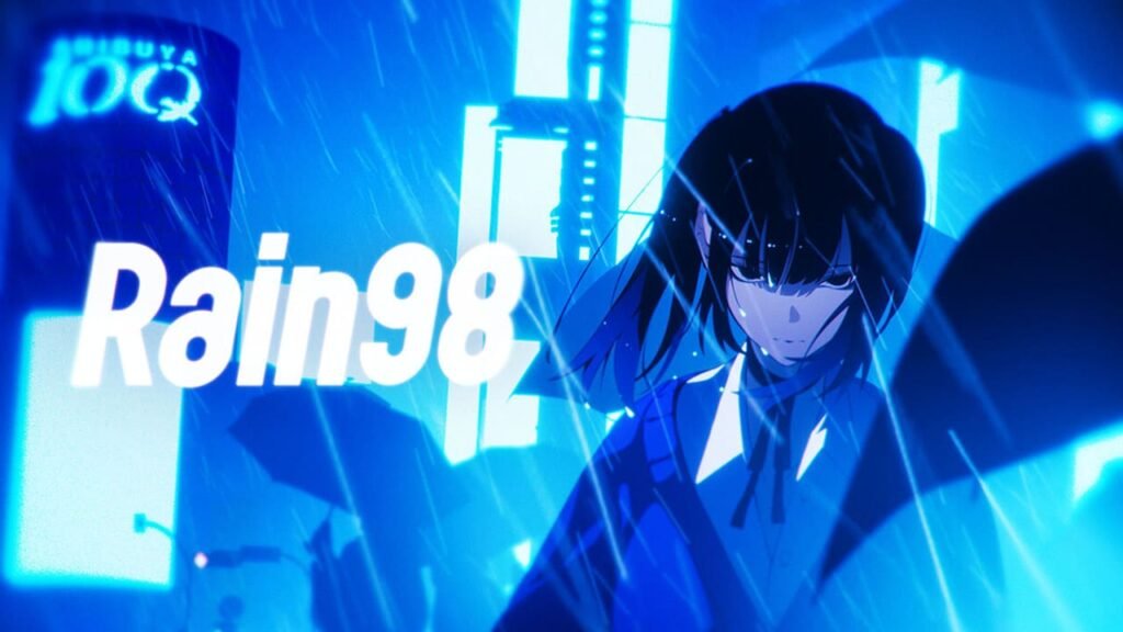 A striking blue-toned anime style visual for Rain98 featuring a dark-haired girl standing in the rain in Shibuya, Japan.