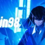 A striking blue-toned anime style visual for Rain98 featuring a dark-haired girl standing in the rain in Shibuya, Japan.