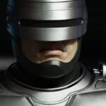 Close-up of RoboCop’s face from Rogue City: Unfinished Business, highlighting his visor, jawline, and cybernetic detail.
