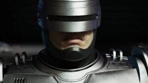 Close-up of RoboCop’s face from Rogue City: Unfinished Business, highlighting his visor, jawline, and cybernetic detail.