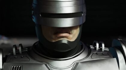 Close-up of RoboCop’s face from Rogue City: Unfinished Business, highlighting his visor, jawline, and cybernetic detail.