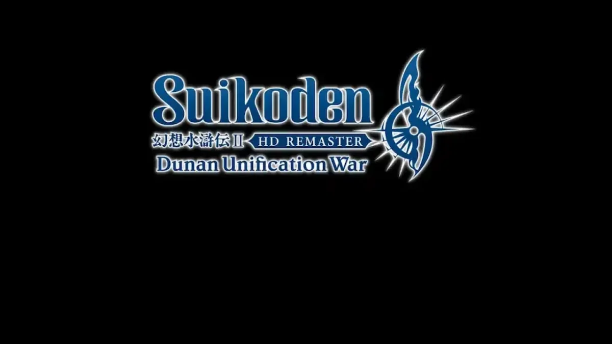Suikoden II HD Remaster Dunan Unification War logo in blue and white on black background.