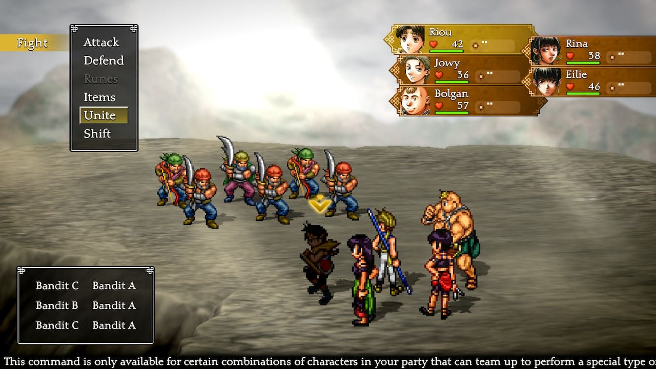 Suikoden II HD Remaster battle screen with Riou, Jowy, Bolgan, Rina, and Eilie fighting bandits.