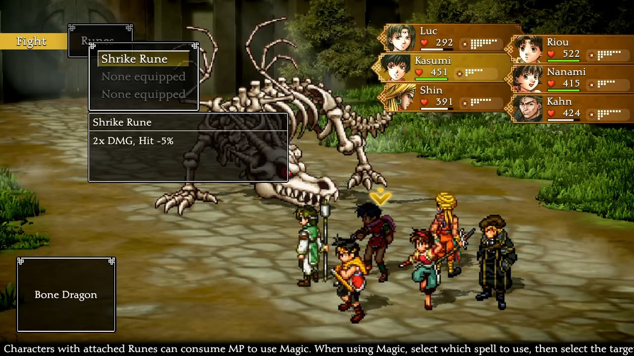 Suikoden II HD Remaster battle with Luc, Kasumi, Shin, Riou, Nanami, and Kahn versus Bone Dragon showing Kasumi’s Shrike Rune.