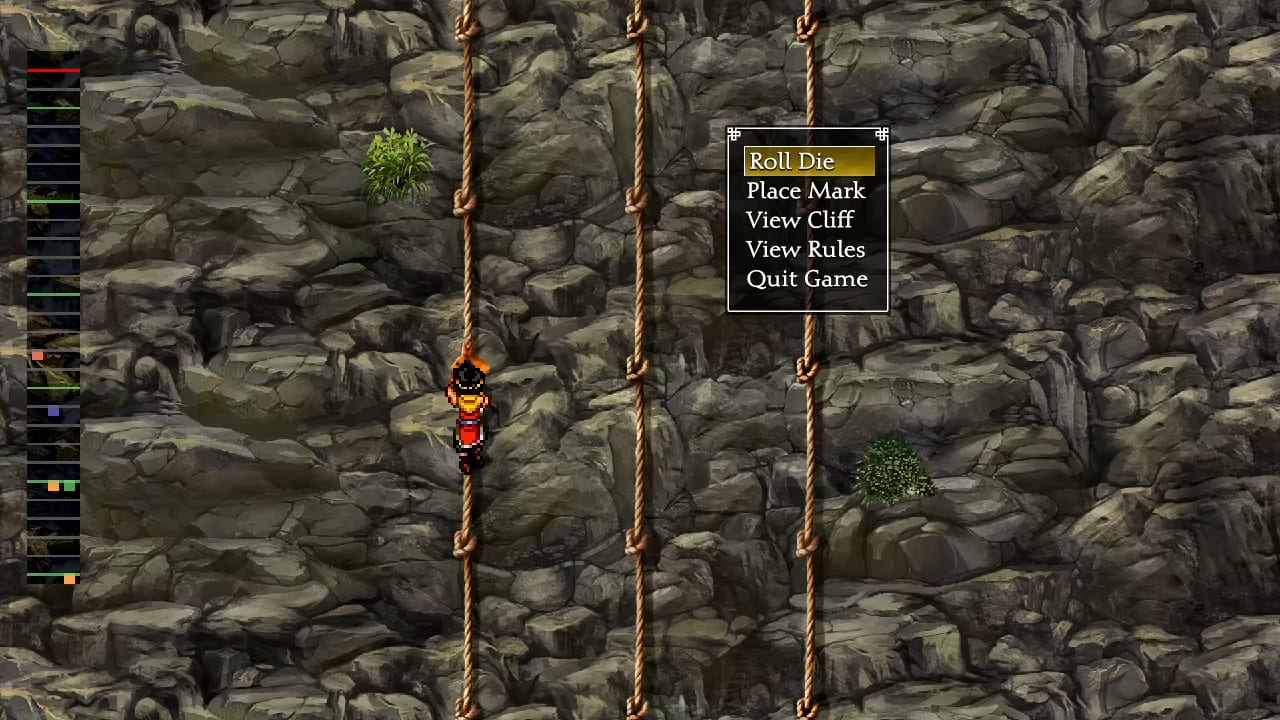 Suikoden II HD Remaster cliff scaling minigame showing Riou on the rope with game options.