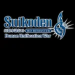 Suikoden II HD Remaster Dunan Unification War logo in blue and white on black background.