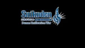 Suikoden II HD Remaster Dunan Unification War logo in blue and white on black background.