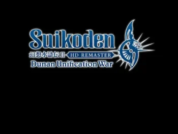 Suikoden II HD Remaster Dunan Unification War logo in blue and white on black background.
