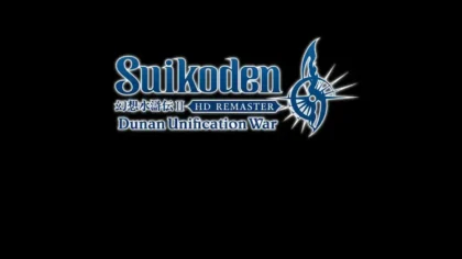 Suikoden II HD Remaster Dunan Unification War logo in blue and white on black background.