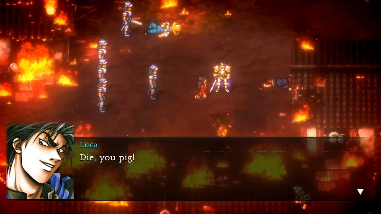 Suikoden II HD Remaster cutscene showing Luca Blight holding his sword with his portrait and a burning village in the background.