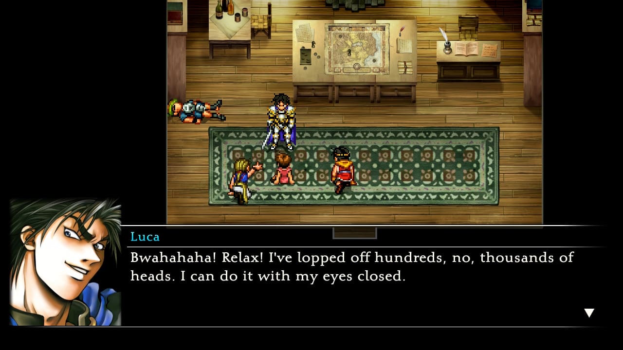 Suikoden II HD Remaster cutscene with Luca Blight drawing his sword and dialogue box.