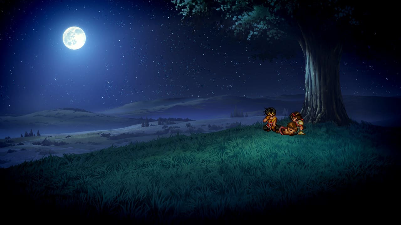 Suikoden II HD Remaster night cutscene with Riou, Nanami, and Maria by a tree under moonlight.