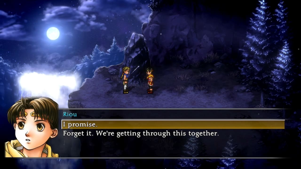 Suikoden II HD Remaster opening cutscene with Riou and Jowy by moonlit waterfall and dialogue choices.