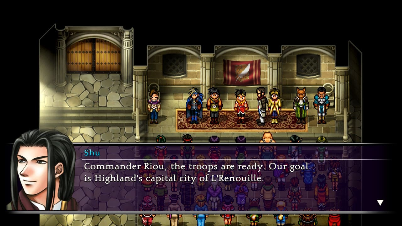 Suikoden II HD Remaster cutscene with Shu rallying troops and his portrait visible.