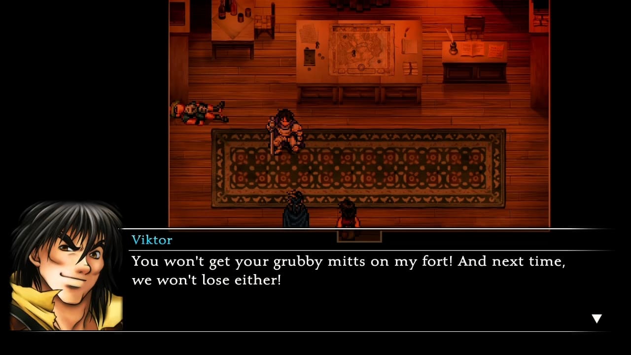 Suikoden II HD Remaster cutscene showing Viktor holding his sword with his portrait and dialogue box.