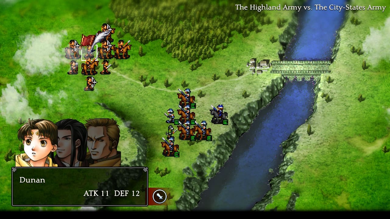 Suikoden II HD Remaster War Battle minigame showing Dunan army vs Highland Army and City-States.