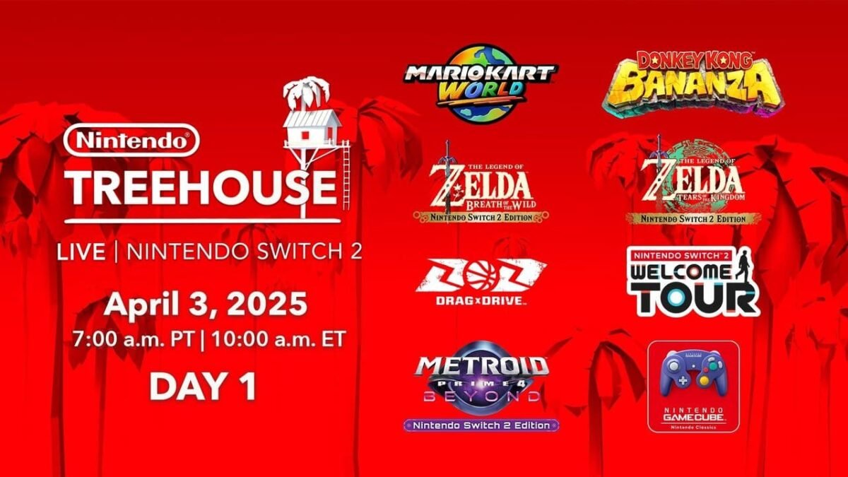 Nintendo Treehouse Live Switch 2 Day 1 banner showing featured games and broadcast details
