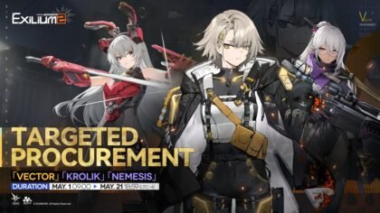 The official Targeted Procurement recruitment banner featured in the Vector GFL2 guide Update, showing rate-up units Vector (Vivi), Nemesis, and Krolik.
