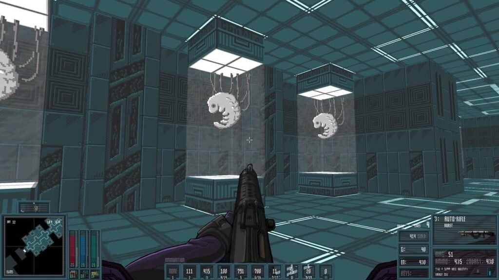 Biomechanical fetus creatures in pods with tubes, Martyr holding an auto rifle in The Citadel.