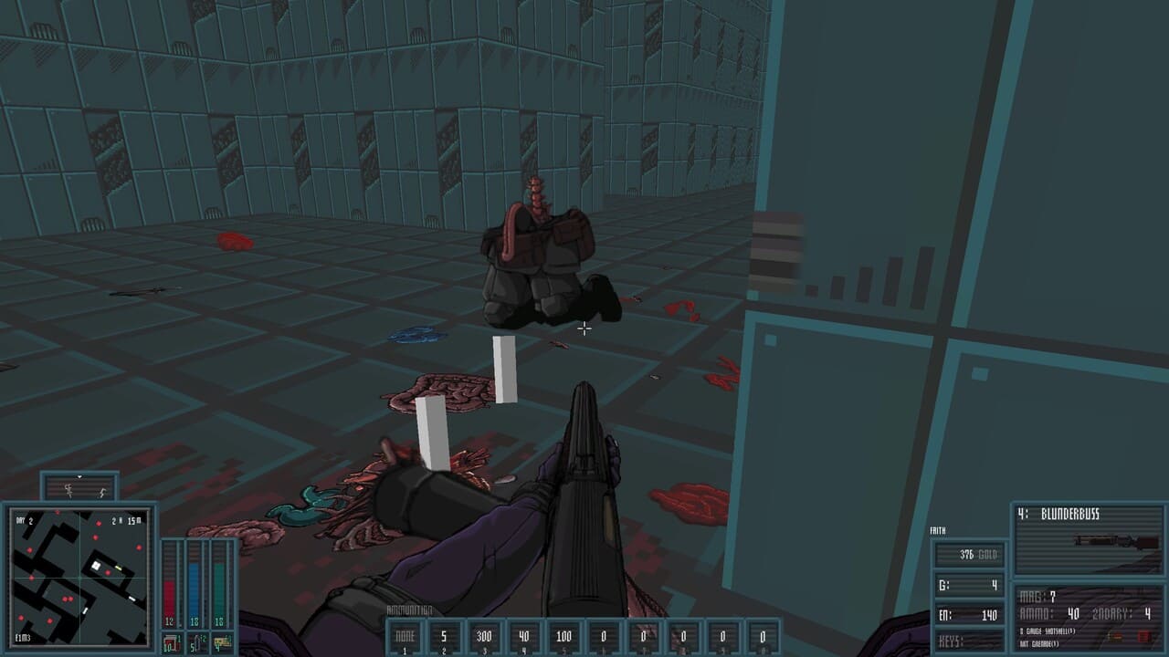 The Martyr wielding a Blunderbuss with gibs on the floor and a kneeling enemy in The Citadel.