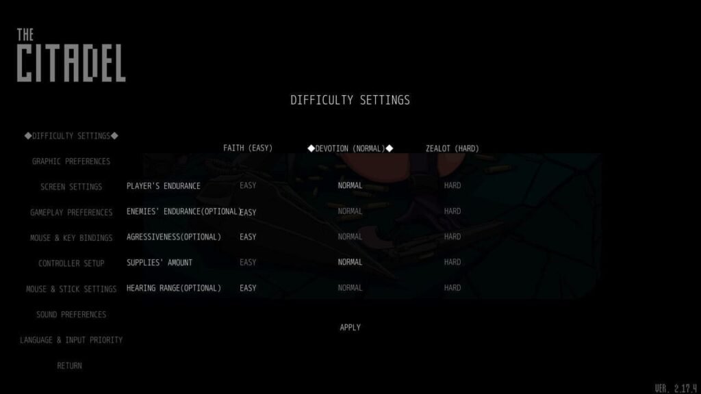 The Citadel difficulty settings menu showing sliders for player and enemy endurance, aggressiveness, supply, and healing.