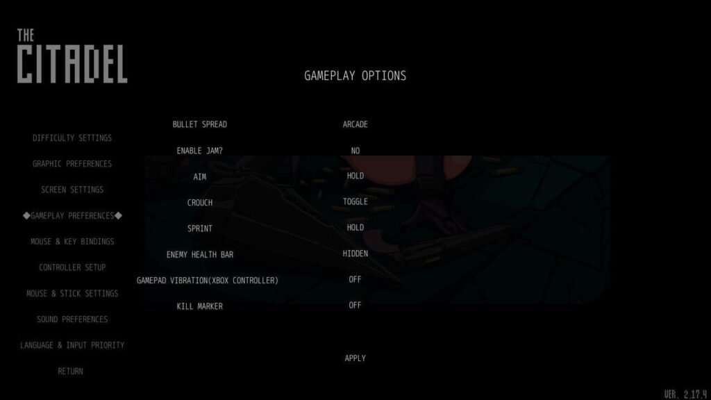 The Citadel gameplay options menu showing bullet spread, gun jamming, crouch, and sprint settings.
