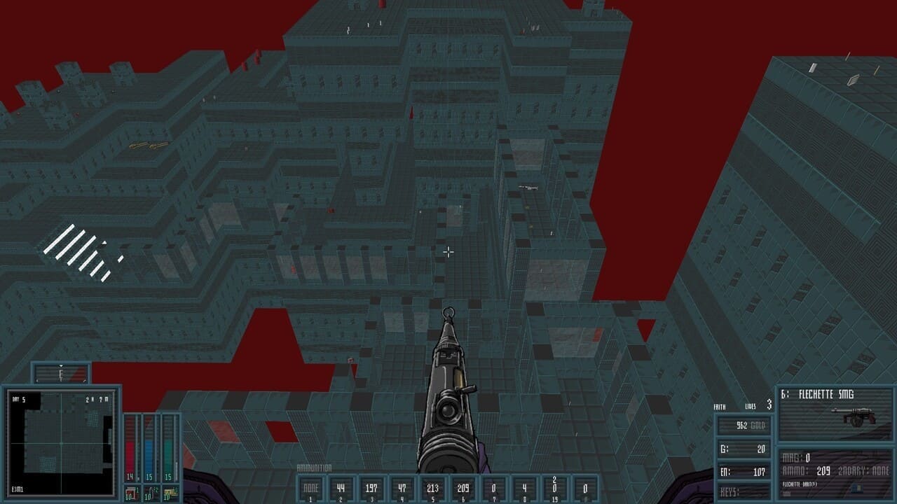 POV shot of the Martyr aiming Flechette SMG while overlooking a large map area in The Citadel.