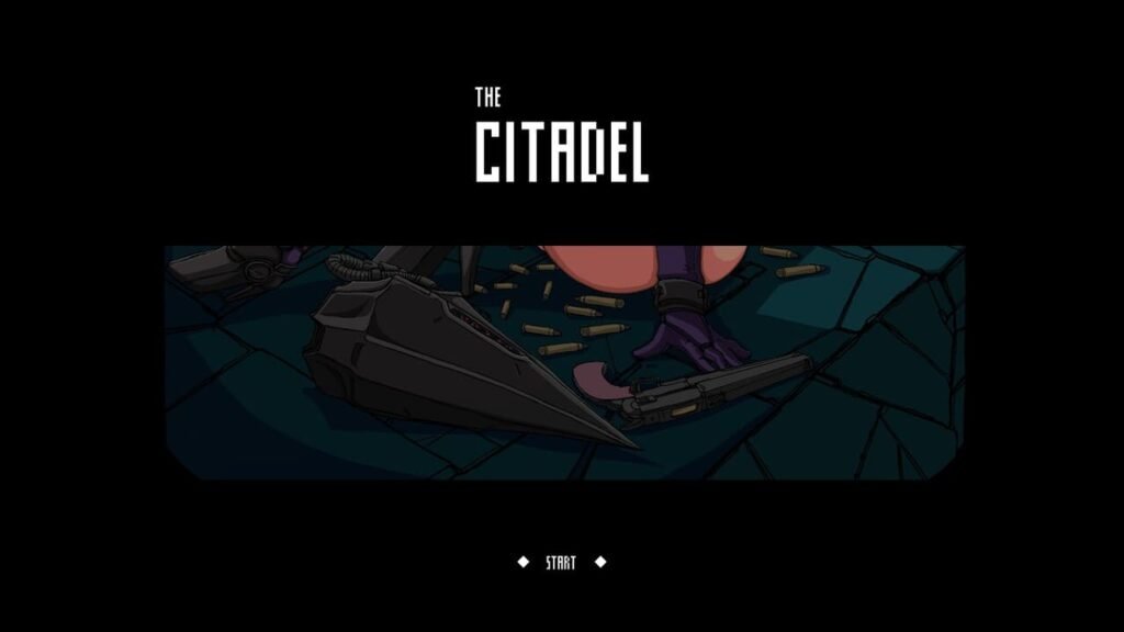 The Citadel title menu with Start prompt, partial view of Martyr's legs and bullets on a black background.