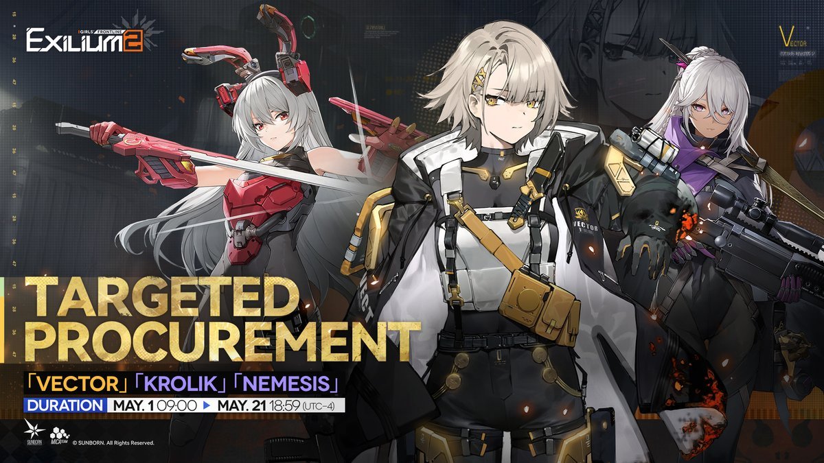 Official Vector GFL2 guide Targeted Procurement banner showing Vector, Krolik, and Nemesis for the May 2026 update.