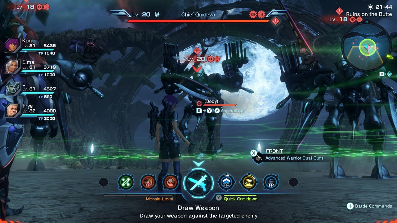 Boss fight against Chief Omoeva with party members Elma, L, and Frye.