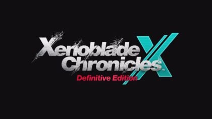 Title screen with Xenoblade Chronicles X logo, teal X, and pink Definitive Edition text on black background.