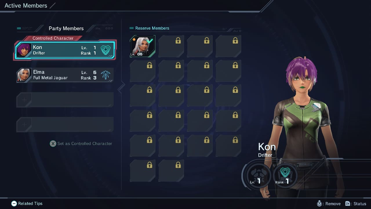 Xenoblade Chronicles X party screen showing active and reserve members.