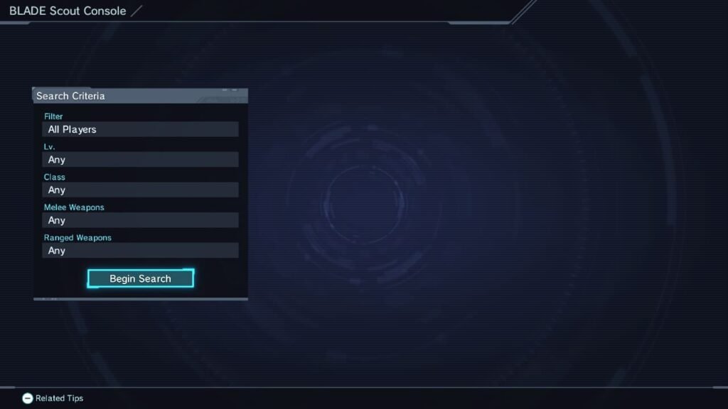 Xenoblade Chronicles X Blade Scout Console with search filters in the BLADE terminal