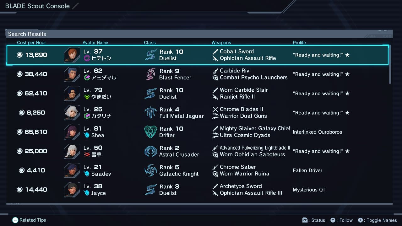Blade Scout Console search results showing avatar name, level, class, weapons, tagline, and cost per hour
