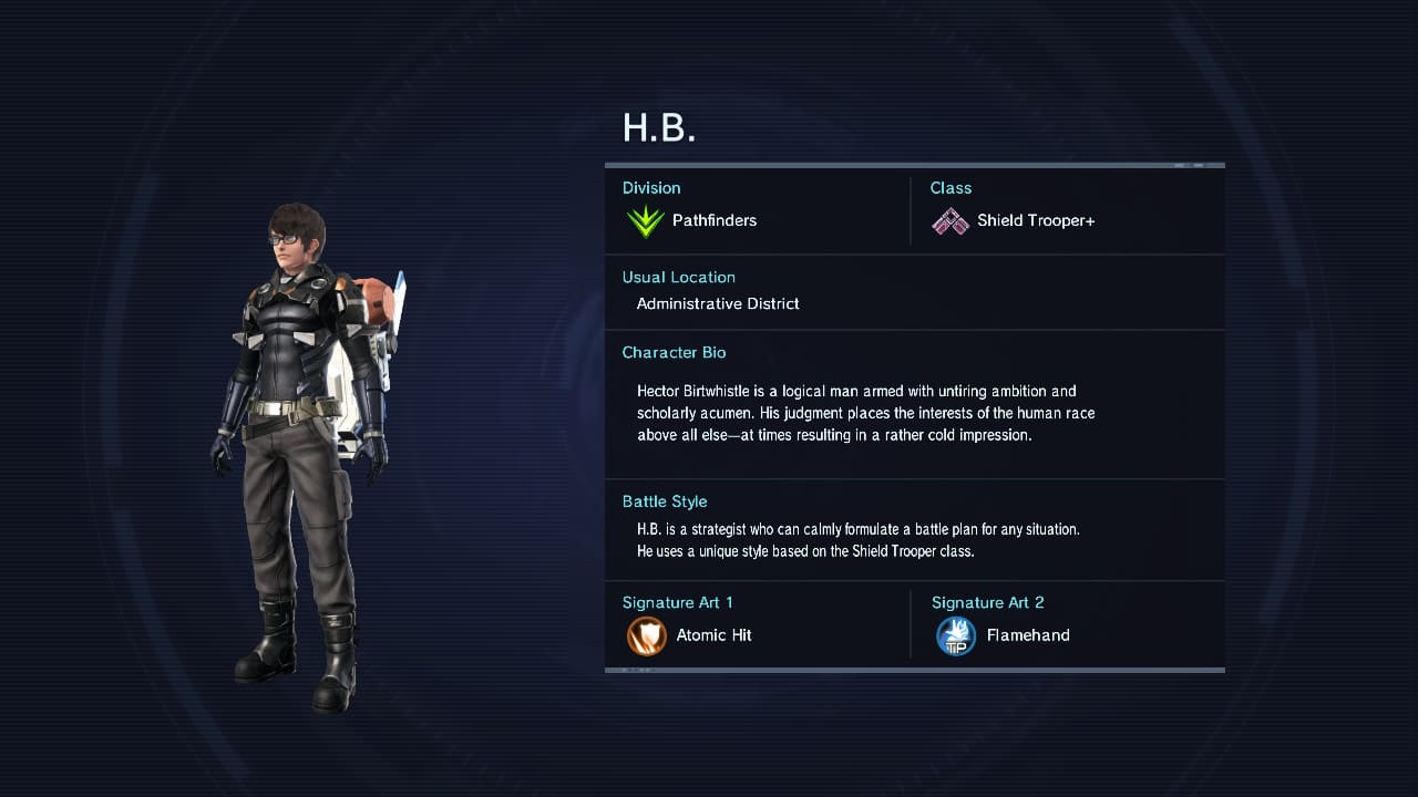 H.B. character model with division, class, and abilities