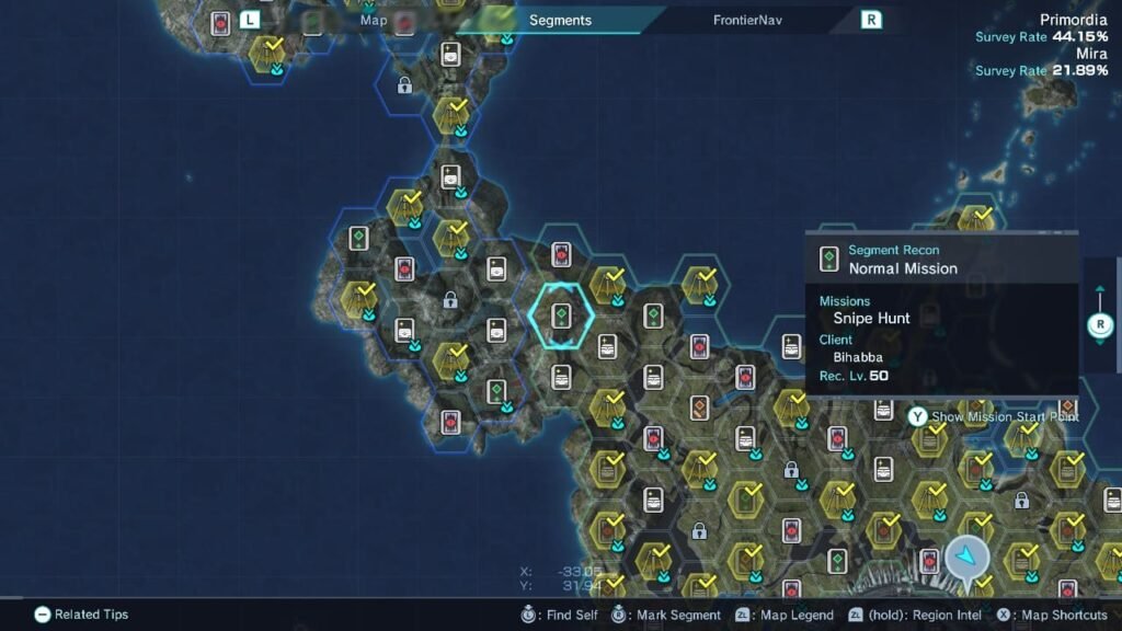 Xenoblade Chronicles X map showing Primordia and Mira regions with icons