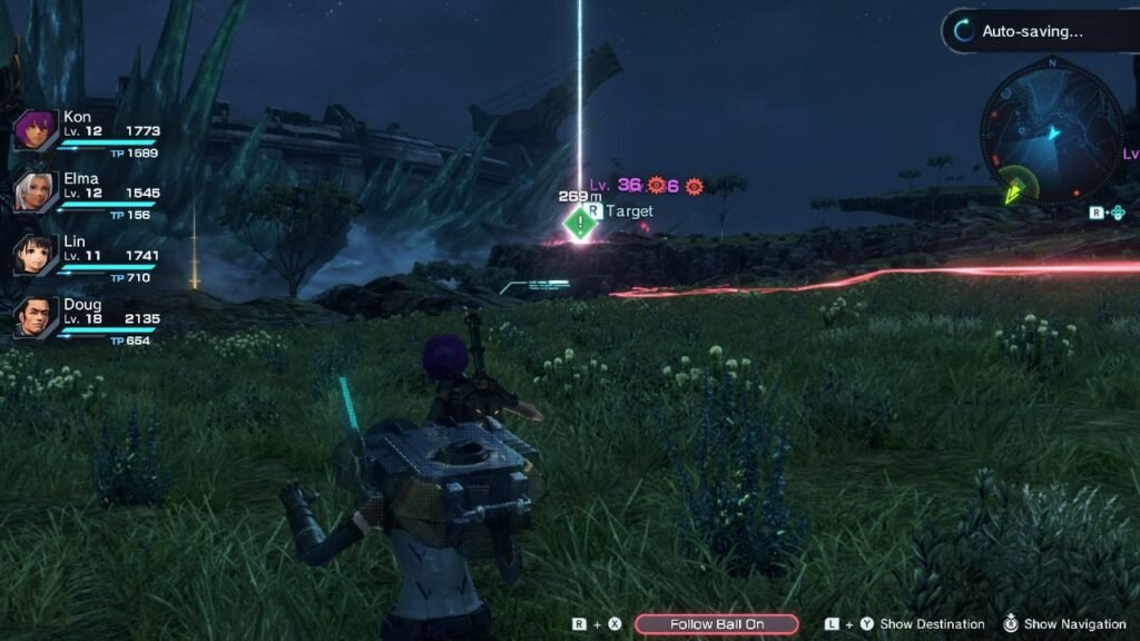 Protagonist and party at night with red quest tracker light