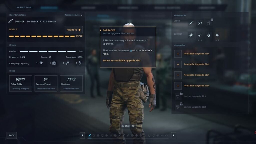 Marine gear and upgrade slots with Barracks system tooltip in Aliens: Dark Descent